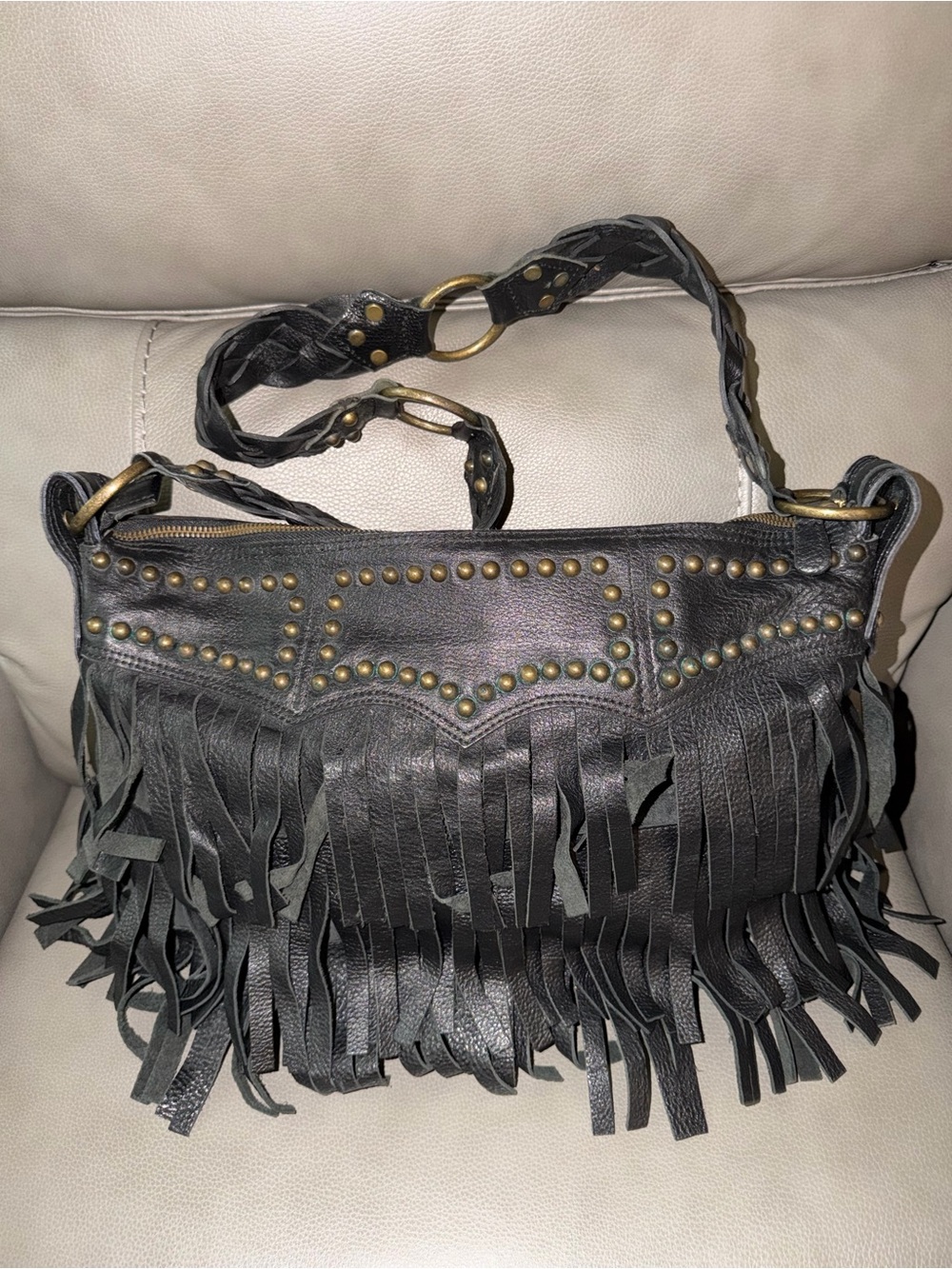Y2K Betsey Johnson Leather Fringe Studded Hobo Shoulder Bag Boho Moto
